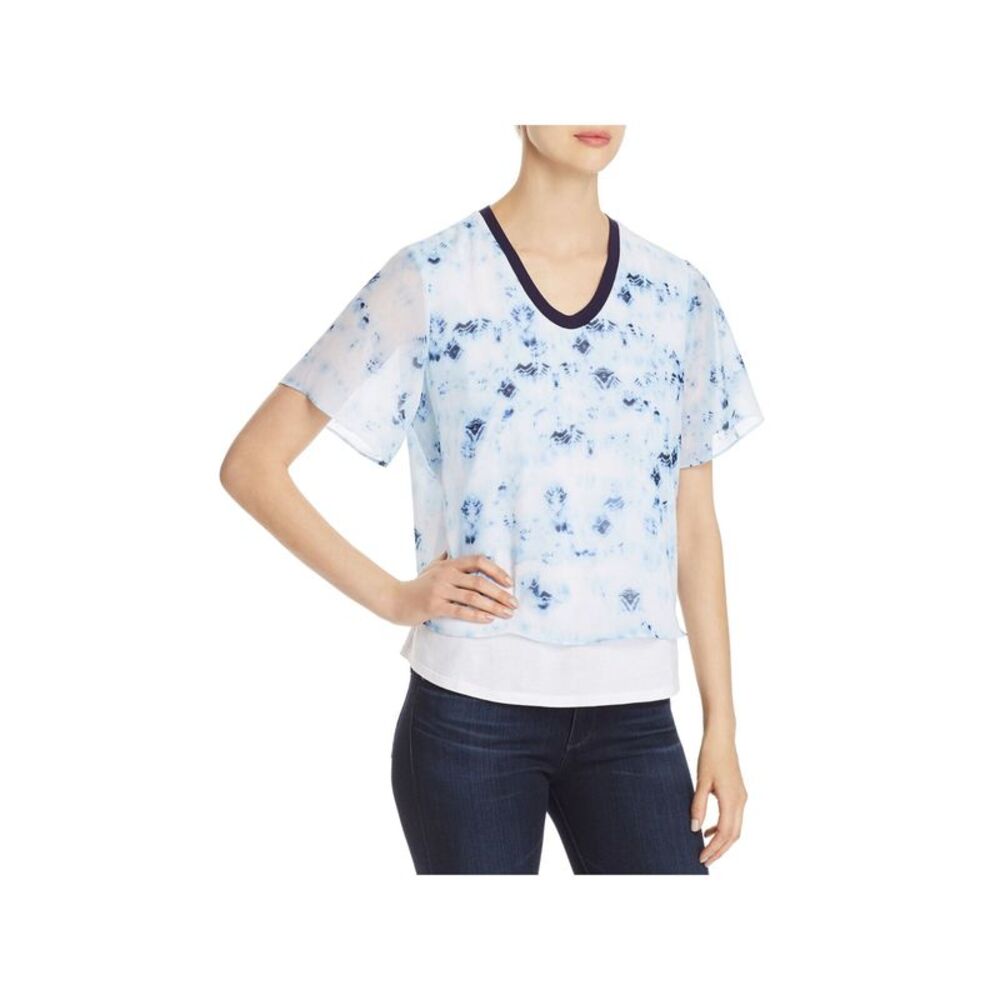 DONNA KARAN Womens Light Blue Sheer Double Layer Short Sleeve V Neck Top M